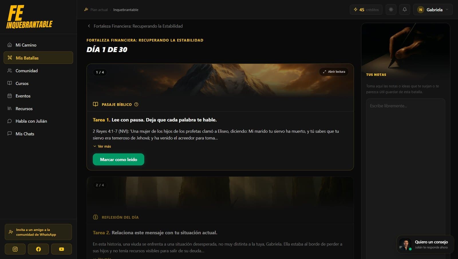 La pantalla del día 1 de una batalla de finanzas dentro de Fe Inquebrantable