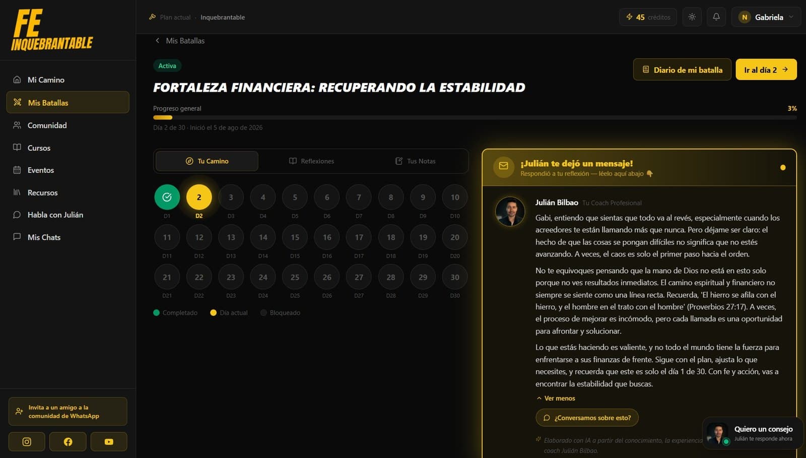 Mensaje de Julián respondiendo a la reflexión del día, dentro de la app