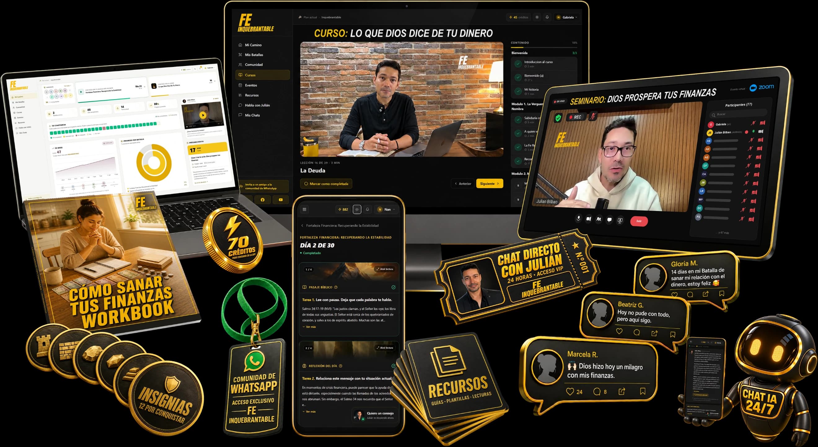 Todo lo que incluye la membresía: la app en portátil y en móvil, el curso, la clase en vivo por Zoom, el ticket de chat directo con Julián, la comunidad, las insignias, los créditos, los recursos y el workbook.